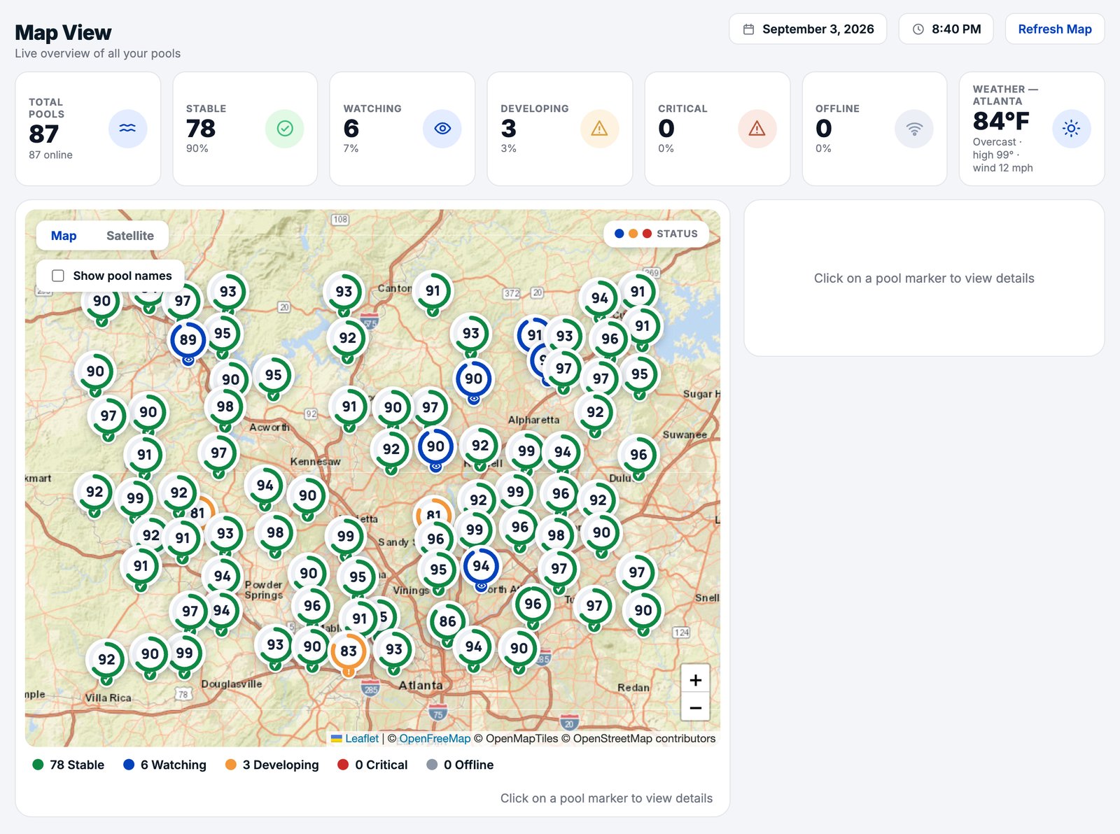 PoolSense Intelligence Map View: a live map of the Greater Atlanta portfolio with each pool shown as a numbered health-score marker, color-coded stable, watching, developing, or critical, beneath summary cards for total, stable, watching, developing, critical, and offline pools
