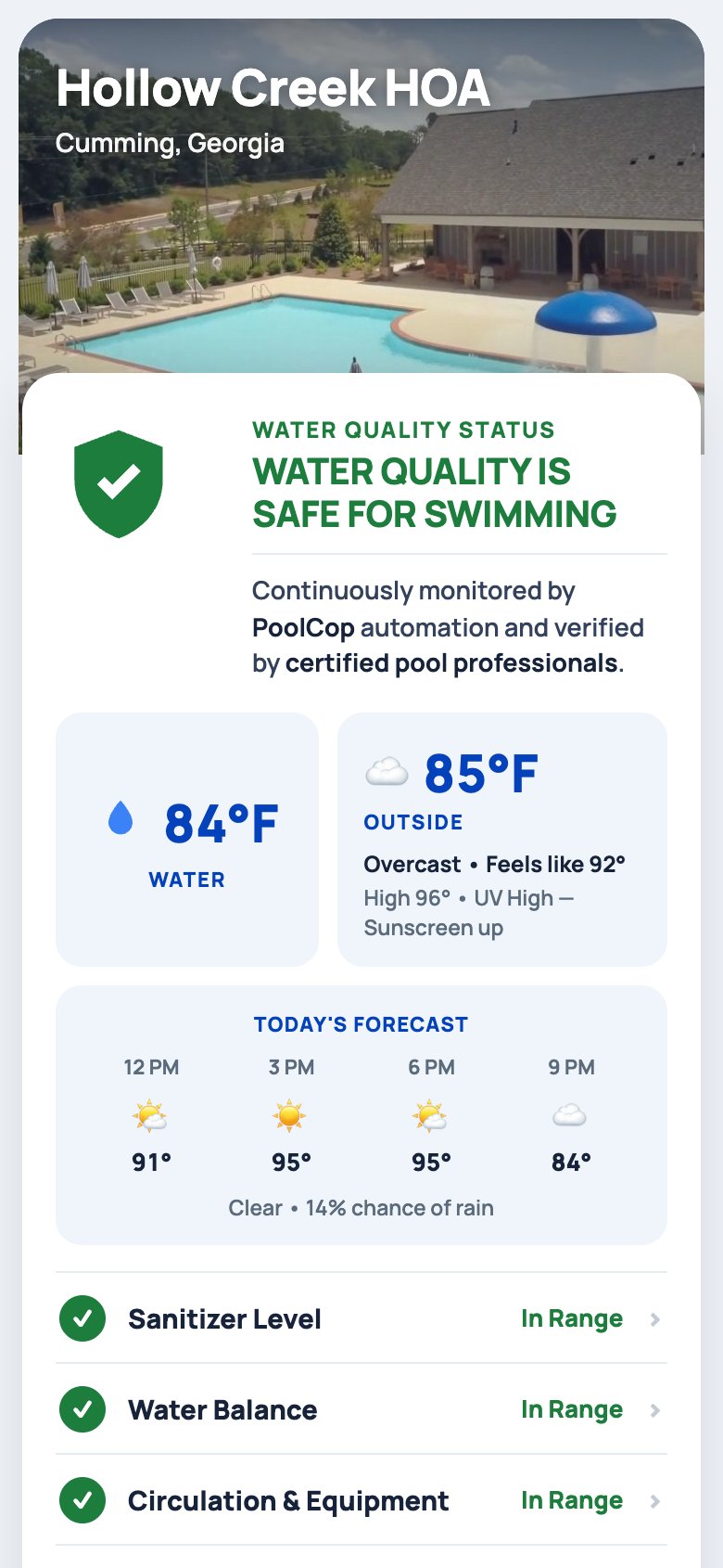 PoolSense guest swim-status page on a phone: the property name over a photo of its pool, a green shield reading water quality is safe for swimming, current water and outside temperatures, today's forecast, and check marks for sanitizer level, water balance, circulation and equipment, and professional monitoring